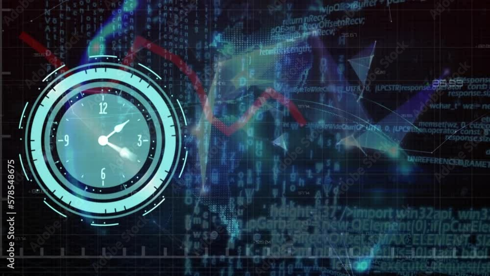 Animation of data processing and clock over shapes Animation of data processing and clock over shapes