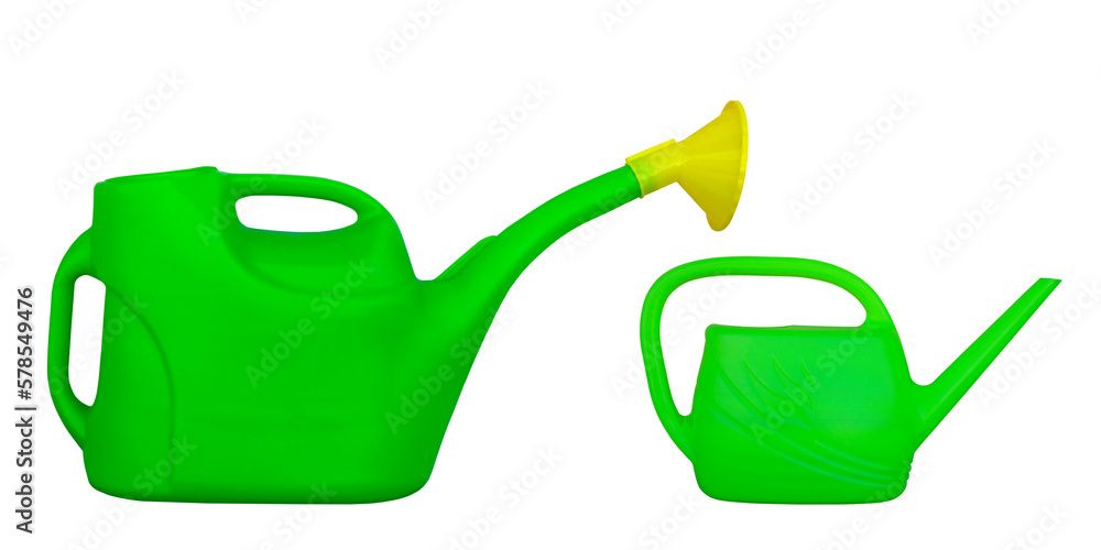 Obraz premium watering big and little can green and yellow for flowers on white isolated background