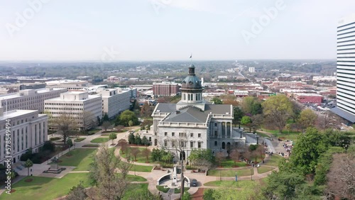Aerial establishing shot of the South Carolina State House in Columbia. The South Carolina State House is the building housing the government of the U.S. state of South Carolina