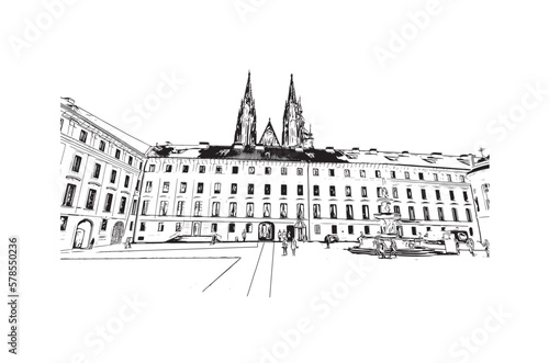 Building view with landmark of Prague is the 
capital of the Czech Republic. Hand drawn sketch illustration in vector