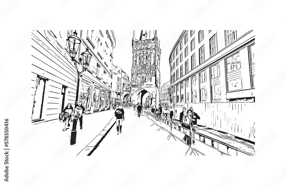 Building view with landmark of Prague is the 
capital of the Czech Republic. Hand drawn sketch illustration in vector