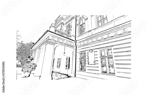 Building view with landmark of Prague is the  capital of the Czech Republic. Hand drawn sketch illustration in vector