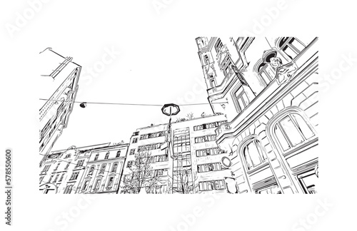 Building view with landmark of Prague is the 
capital of the Czech Republic. Hand drawn sketch illustration in vector
