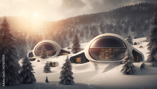 70s round geodesic domes in remote snow forest landscape, made with generative ai