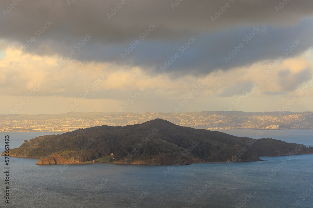 Storm clouds and rain over Angel Island in San Francisco Bay