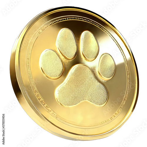 Golden coin of Paw, Shiba or Doge. a meme coin digital currency. with transparent background