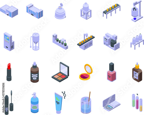 Cosmetics production icons set isometric vector. Spa beauty. Bottle skin
