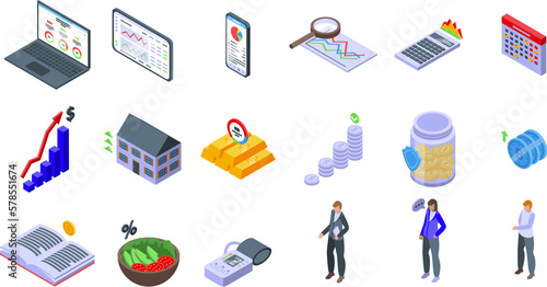 Financial planner icons set isometric vector. Money account. Tax business