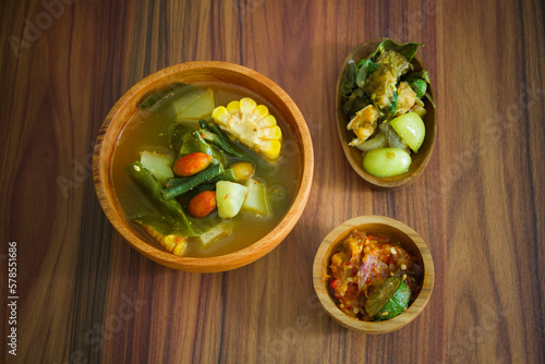 Indonesian dishes-tamarind vegetable soup,,salted chilli fish and sambal