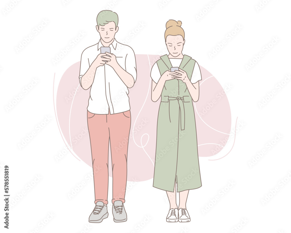 Young couple playing on mobile phones. Premium Vector Young couple playing on mobile phones. Premium Vector