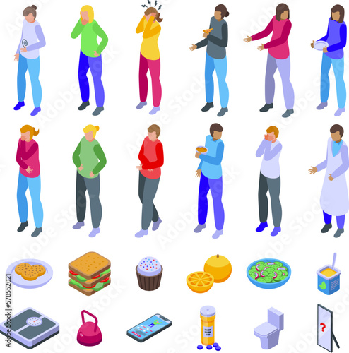 Bulimia icons set isometric vector. Fat weight. Food diet