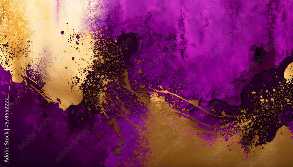 colorful bright purple and gold splatter painting, made with generative ai