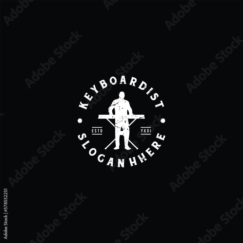 electronic keyboardist logo, silhouette man playing on synthesizer logo template, with grunge effect photo