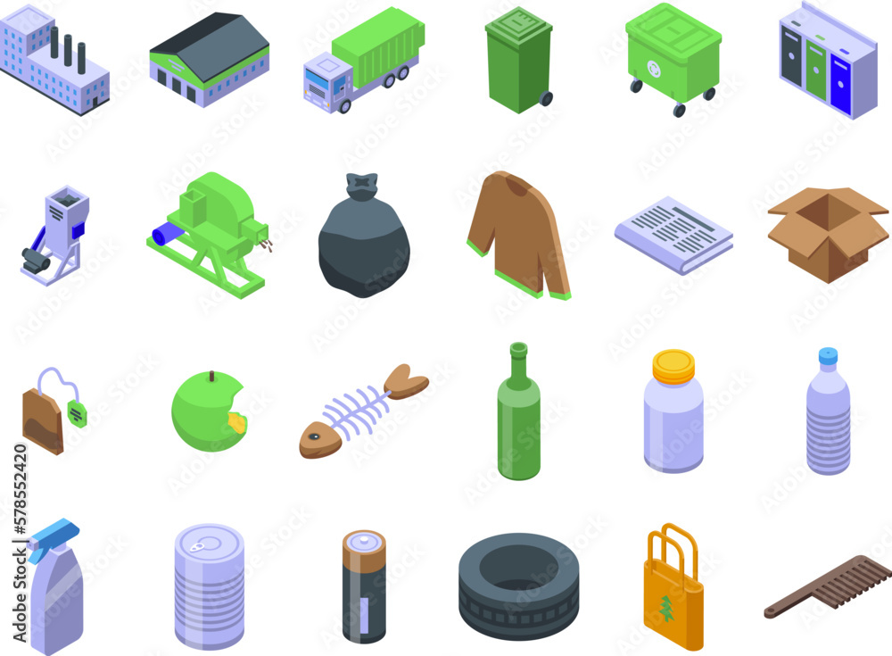 Products that can be reused icons set isometric vector. Food bin. Trash can