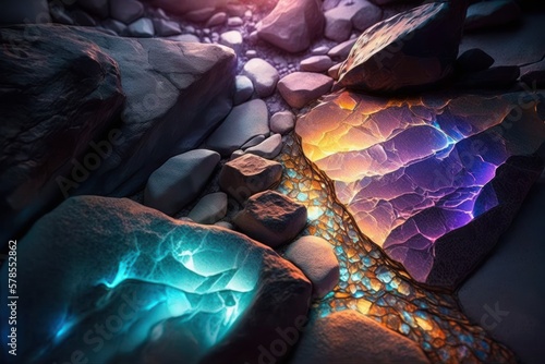 Fantasy stones abstract background with neon lights. Mystery stone texture, nothern lights colors, mystery lighting. Ai generated horizontal illustration with fantasy neon pebbles.