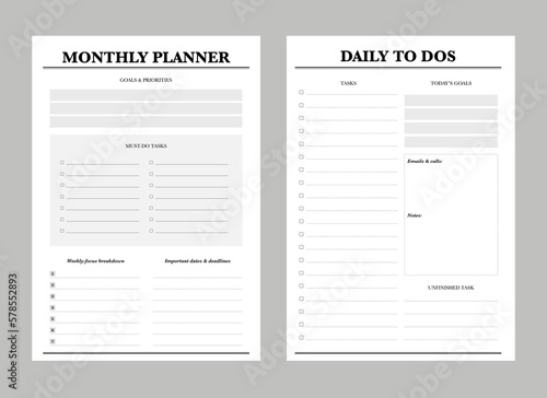 Cute 2 set of Daily monthly Planner template. Minimalist planner template set. Vector illustration.