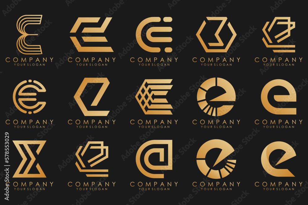 collection logos golden luxury with letters E. Geometrical abstract logos. collection logos golden luxury with letters E. Geometrical abstract logos.