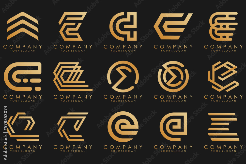 collection logos golden luxury with letters E. Geometrical abstract logos. collection logos golden luxury with letters E. Geometrical abstract logos.
