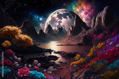 Fantasy landscape on mars with flowers mountains and space. Generative AI