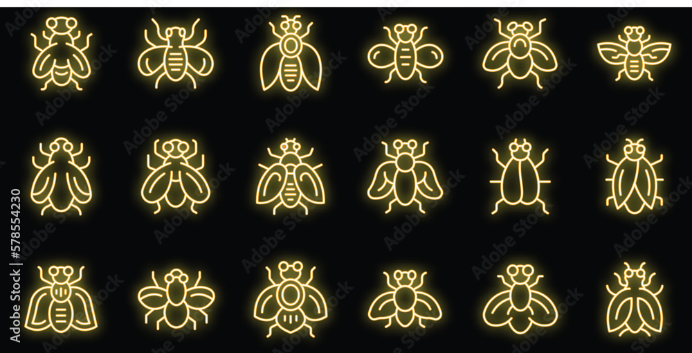 Tsetse fly icons set outline vector. Dangerous insect. House animal neon color on black