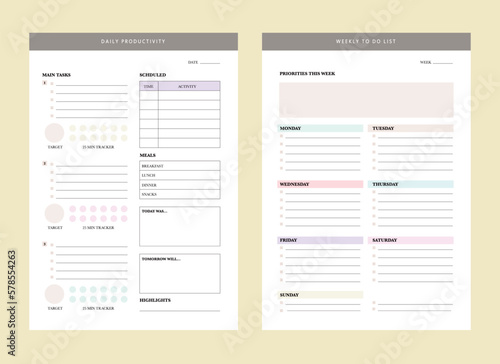 Daily Productivity and weekly to do list planner. Vector illustration. List.