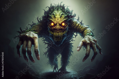 Creepy monster on a dark background. Generative AI