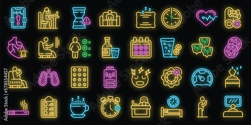 Passive lifestyle icons set outline vector. Smoke tobacco. Person problem neon color on black
