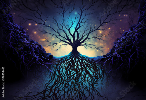 Tree branches and roots, silhouette against a starry night sky. AI Generative art photo