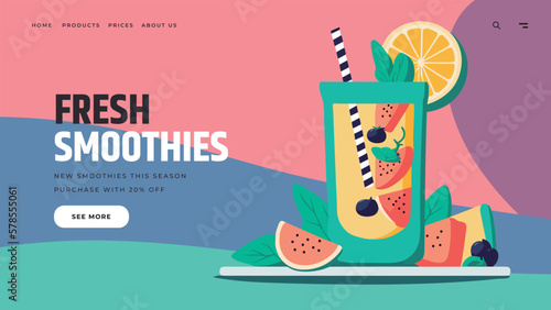Healthy smoothie with fruits, fresh landing page template