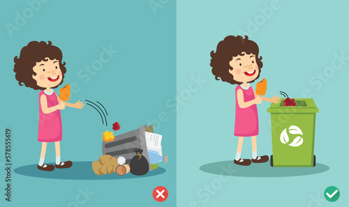 Do not throw littering on the floor.wrong and right.vector illustration
