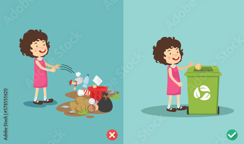 Do not throw littering on the floor.wrong and right.vector illustration