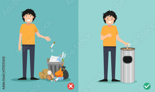 Do not throw cigarette butts on the floor,wrong and right.vector illustration