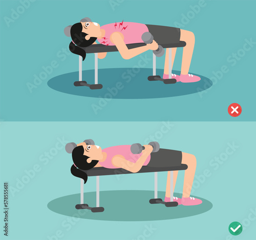 woman wrong and right dumbbell fly posture,vector illustration photo