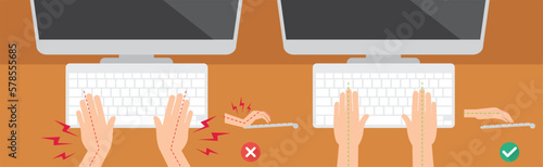 wrong and right ways for hand position in use keyboard and mouse illustration, vector