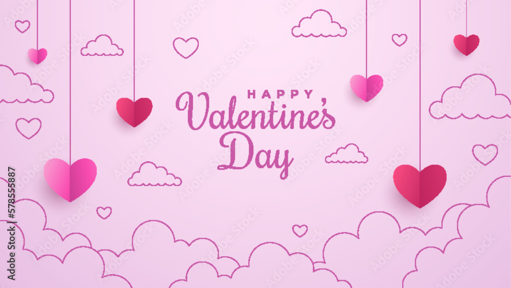 Valentine's Day with clouds outline and hearts on pink background. Romantic poster. Vector paper symbols of love in shape of heart for greeting card design