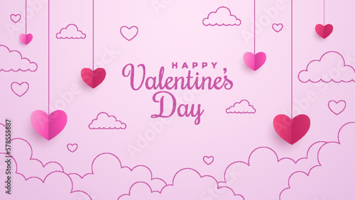 Valentine's Day with clouds outline and hearts on pink background. Romantic poster. Vector paper symbols of love in shape of heart for greeting card design