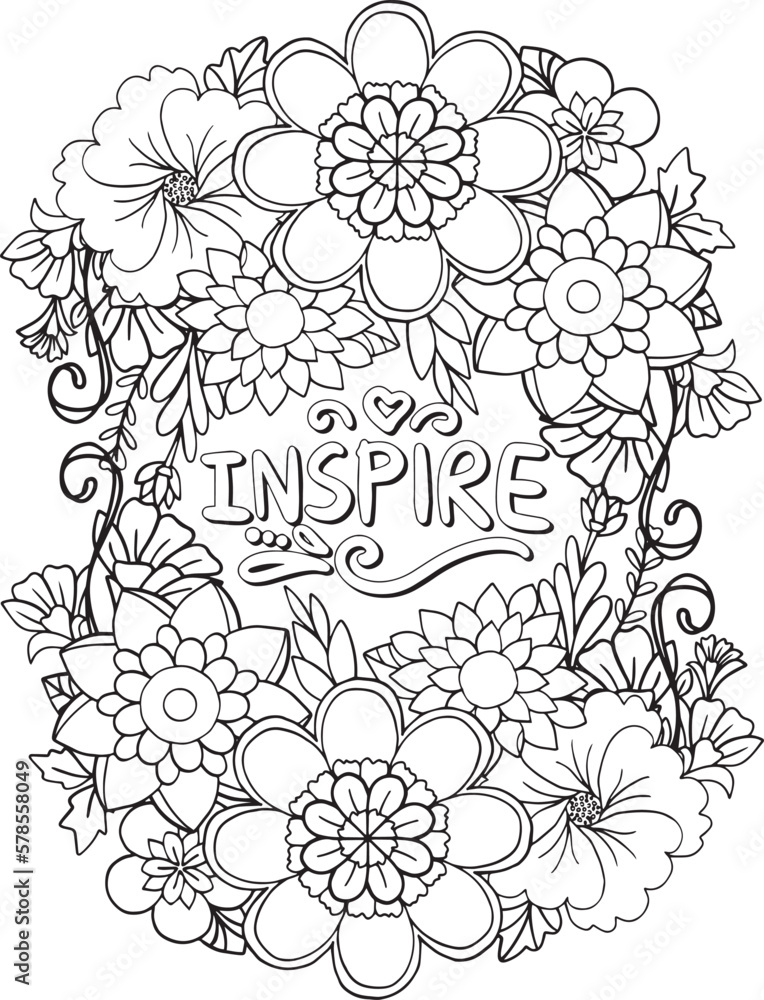 Hand draw. Inspiration word with flowers element for Valentine's day or Greeting Cards. Coloring for adult and kids. Vector Illustration
Hand draw. Inspiration word with flowers element for Valentine's day or Greeting Cards. Coloring for adult and kids. Vector Illustration