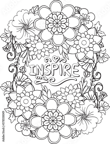 Hand draw. Inspiration word with flowers element for Valentine s day or Greeting Cards. Coloring for adult and kids. Vector Illustration 