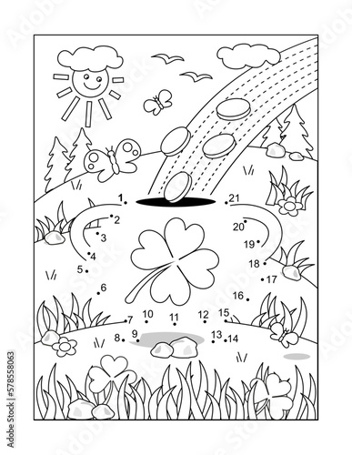 St. Patrick's Day dot-to-dot hidden picture puzzle and coloring page, sign, poster, or activity sheet with pot-of-gold, rainbow, coins, clover leaves
