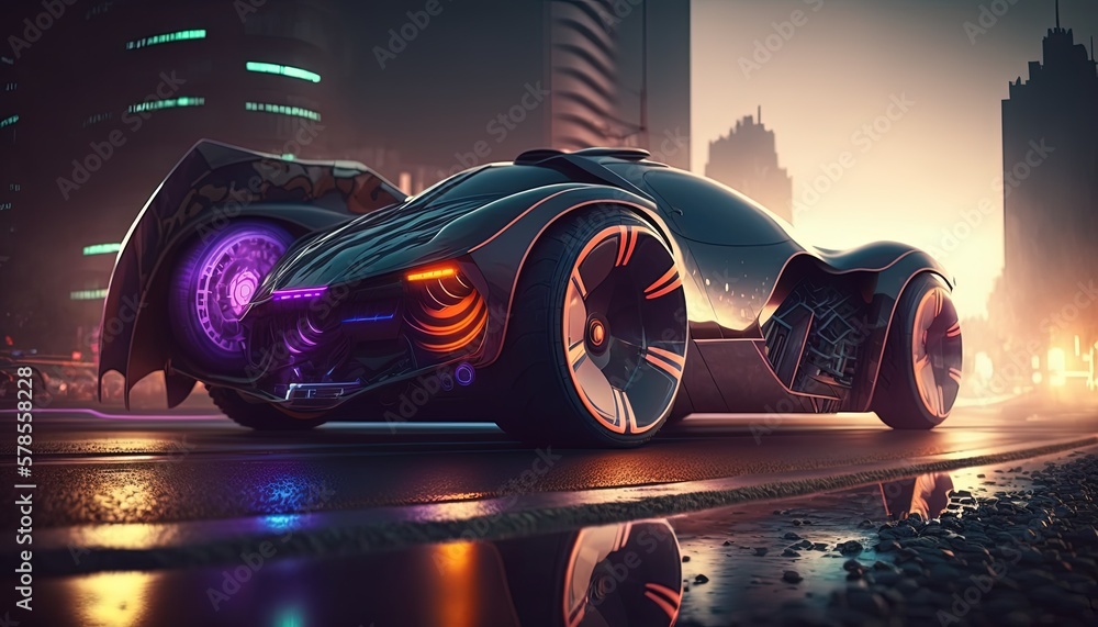 hi-tech future car with light trail and speed blur cityscape background, Generative Ai