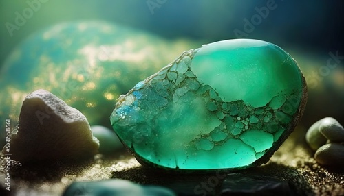 Chrysoprase Chalcedony,  close up raw material mineral gemstone, idea for gemology and spiritual theme concept, Generative Ai photo