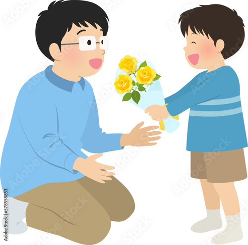 父の日に花束を渡す男の子_ベクターイラスト