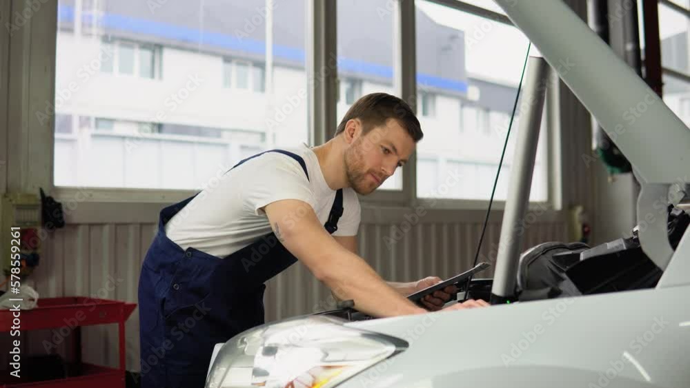 Car mechanic checking a car engine and writing on clipboard. Car maintenance service concept Car mechanic checking a car engine and writing on clipboard. Car maintenance service concept