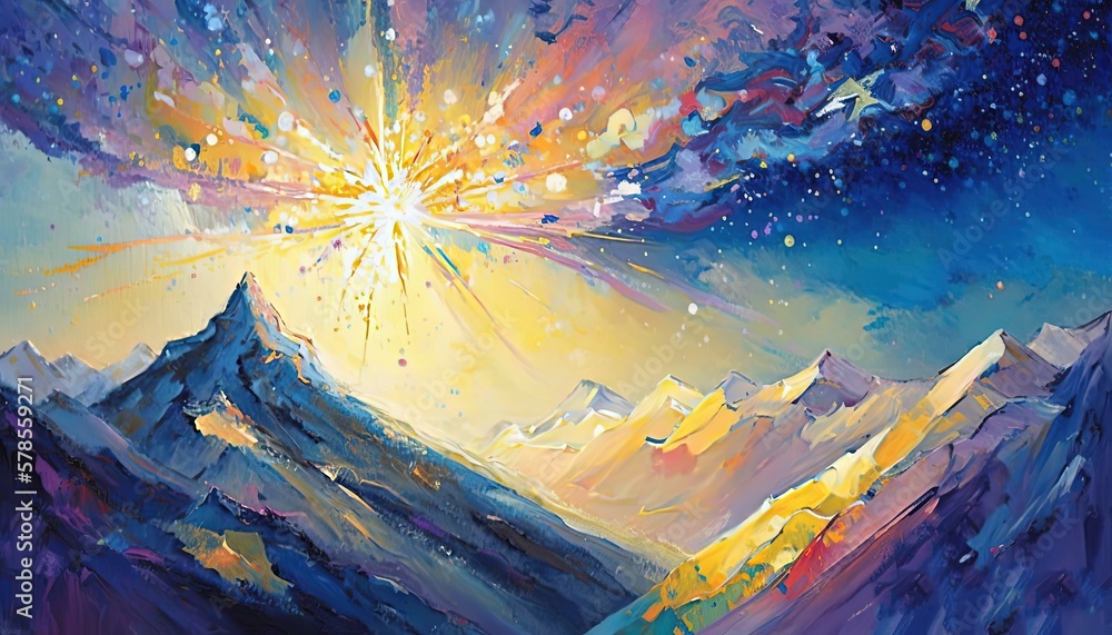 paint like illustration of comet starburst on sky with now peak winter season, Generative Ai