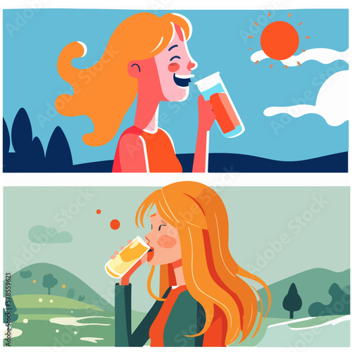 vector drawing of girls drinking drinks. Two girls with red hair drink drinks with pleasure