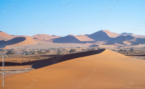 Namib Desert Safari with sand dune in Namibia, South Africa. Natural landscape background at sunset. Famous tourist attraction. Sand in Grand Canyon