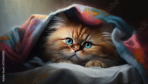 close up portrait cute fluffy cat under blanket, Generative Ai