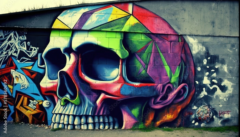 Obraz premium skull graffiti wall abstract background, Generative Ai not real photo, idea for artistic pop art background backdrop
