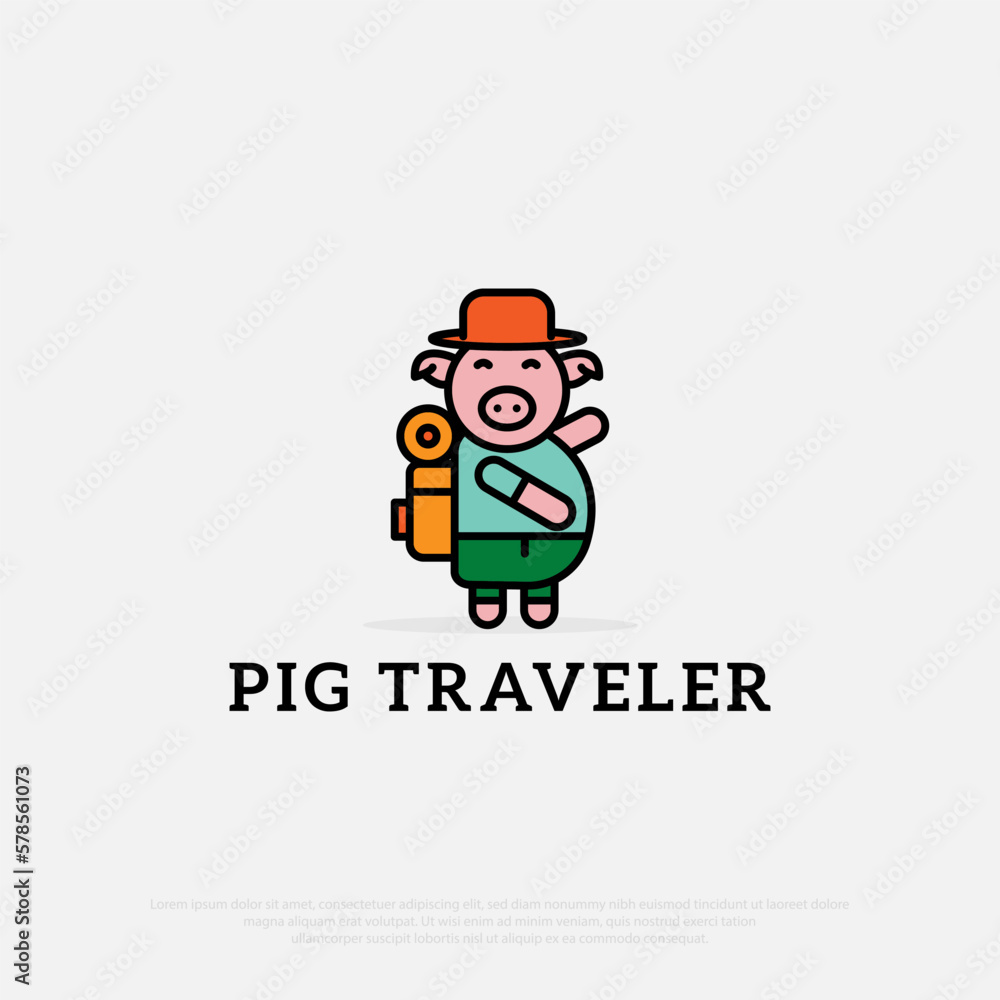 Pink piggy bank wear hat with travel bag logo vector. The creative concept of traveling. cute cartoon vector flat style illustration