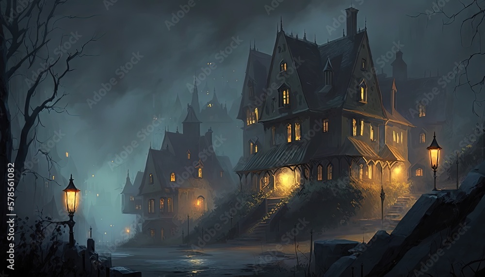 scary village in mist at night time, Halloween town, Generative Ai
